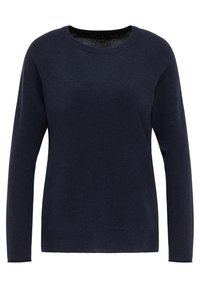 Dunkelblauer Pullover aus weichem Strickmaterial, mit Rundhalsausschnitt, langen Ärmeln, gerippten Bündchen und Saum sowie einer glatten Textur.