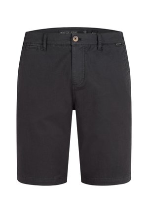 Pantalones cortos negros de tela de mezclilla con cierre de botón, trabillas para cinturón y dobladillo limpio. Diseño minimalista sin patrones o acentos visibles.