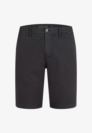 Pantalones cortos negros de tela de mezclilla con cierre de botón, trabillas para cinturón y dobladillo limpio. Diseño minimalista sin patrones o acentos visibles.