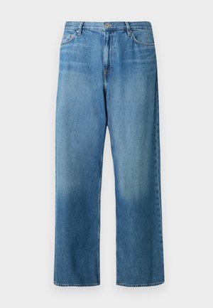 Hellblaue Jeans mit weitem Bein aus Denim. Sie verfügen über eine mittelhohe Taille, ein Fünf-Taschen-Design und eine ausgewaschene Optik mit sichtbaren Nähten.