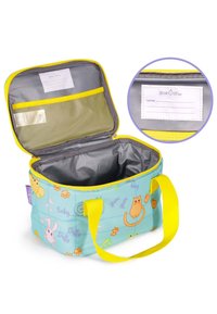 Insulated lunch bag with yellow handles, blue fabric with animal prints, open top showing gray interior and mesh pocket with name label inside lid.