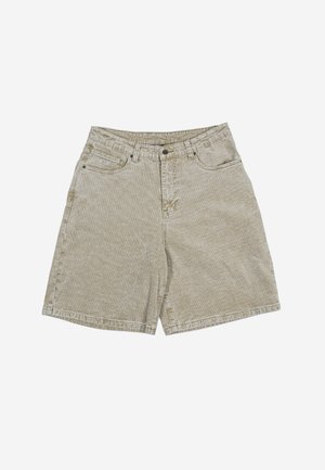 Svetlo béžové rifľové šortky s vysokým pásom, predným zapínaním na gombík a zips, pútkami na opasok a prednými aj zadnými vreckami.