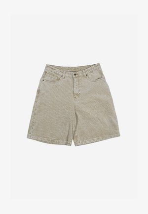 Šviesiai smėlio spalvos, aukšto liemens džinsiniai šortai su priekiniais mygtukais, užtrauktuku, diržo kilpomis bei priekinėmis ir galinėmis kišenėmis.