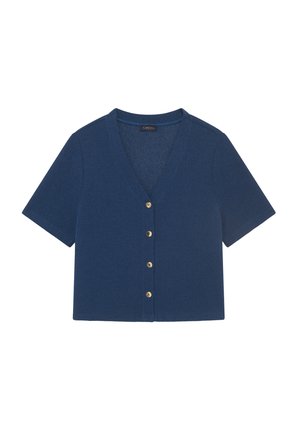 Cardigan navy a maniche corte realizzato in tessuto testurizzato, con scollatura a V e cinque bottoni dorati che adornano la parte frontale.