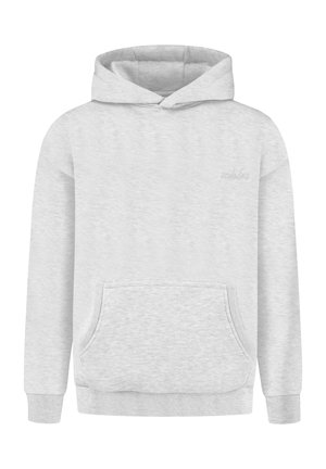 Felpa con cappuccio grigio chiaro con tasca a marsupio, polsini e orlo a coste, e un logo ricamato discreto sul petto a sinistra.