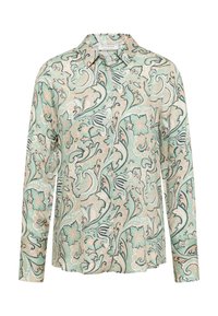 Langærmet skjorte med knaplukning i pastelfarvet grøn, beige og sort blomstret paisley-mønster og spidse krave.