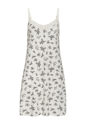 Ärmelloses Nachthemd in hellem Cremeton, mit schwarzem Blumendruck, Spitzenbesatz am Ausschnitt und einem lockeren Schnitt, der oberhalb des Knies endet.