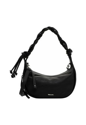 Melna ādas rokas soma ar izliektu formu, pītām rokturi un rāvējslēdzēja aizdari. Diskrēta zīmolrade un noņemams plecu siksniņa.