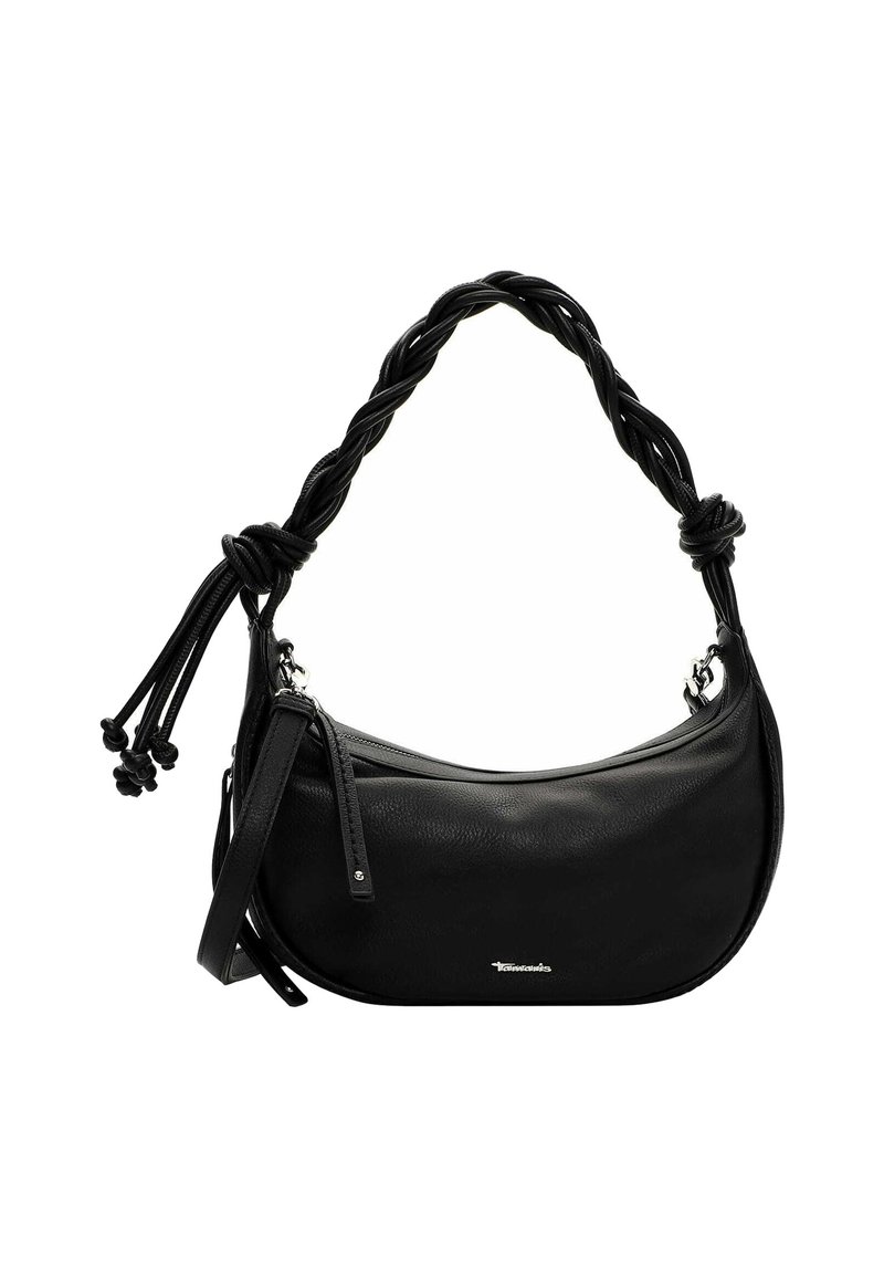 Borsa nera in pelle con forma curva, manico intrecciato e chiusura con zip. Presenta un marchio discreto e una tracolla removibile.