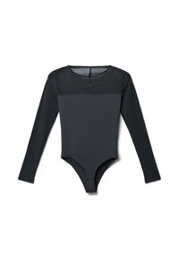 Body a maniche lunghe nero con parte superiore in rete e parte inferiore in tessuto solido. Presenta un collo rotondo e un fondo a perizoma.