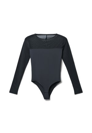 Bodysuit noir à manches longues avec une partie supérieure en résille et une partie inférieure unie. Il présente un décolleté arrondi et un bas en forme de string.