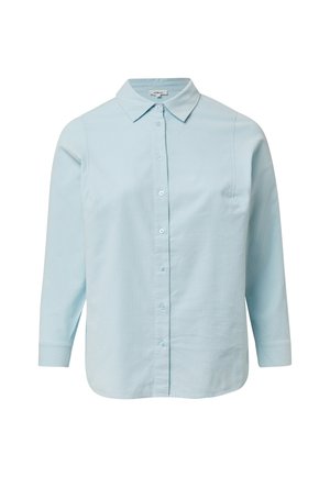 Hellblaues Langarm-Hemd mit Knopfleiste, spitzem Kragen und einer glatten Stoffoberfläche. Gerader Schnitt am Saum.