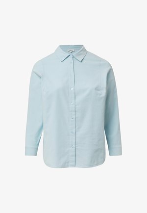 Lichtblauwe overhemd met lange mouwen en knopen, voorzien van een puntige kraag, frontknopen en een gladde stofafwerking. Rechstreeks afgesneden aan de onderkant.