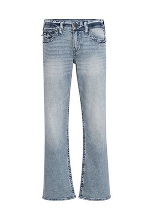 Lichtblauwe denim flared jeans met een mid-rise taille, distressed details en contrasterende stiksels op de zakken en zoom.