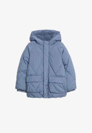 Lyseblå dunjakke med hætte, diamantquiltet design, to forlommer med knaplukning og en blød inderside.