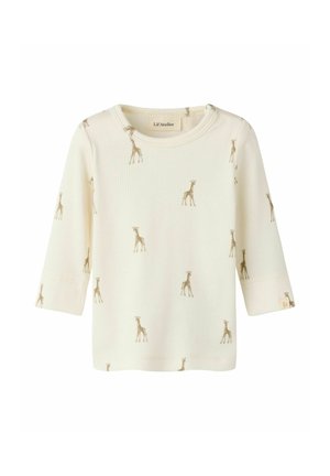 Cremefarbenes Baby-Langarmshirt mit kleinen braunen Giraffenmotiven und rundem Ausschnitt, hergestellt von Lil' Atelier.