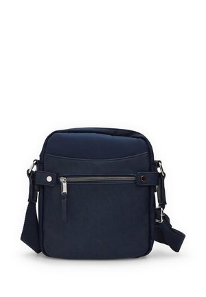 Sac bandoulière marine avec un extérieur texturé, poche zippée à l'avant, bandoulière réglable et une forme rectangulaire compacte.