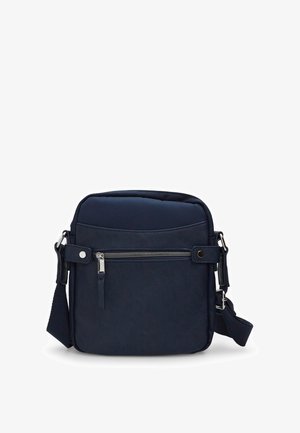 Borsa a tracolla blu navy con esterno testurizzato, tasca frontale con zip, cinturino regolabile e forma rettangolare compatta.