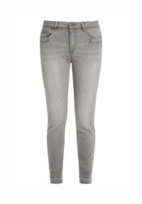 Szürke farmer szűk fazonú, testhezálló kialakítással, öt zsebbel és finom kopott hatású részletekkel a combokon. Szokásos gombos és cipzáras záródás.