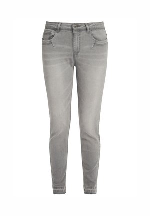 Pilkos spalvos džinsai siauru pieštuko kirpimu, prigludę prie kūno, su penkiomis kišenėmis ir subtiliais raukšlėjimo elementais šlaunų srityje. Standartinis užsegimas su sagomis ir užtrauktuku.