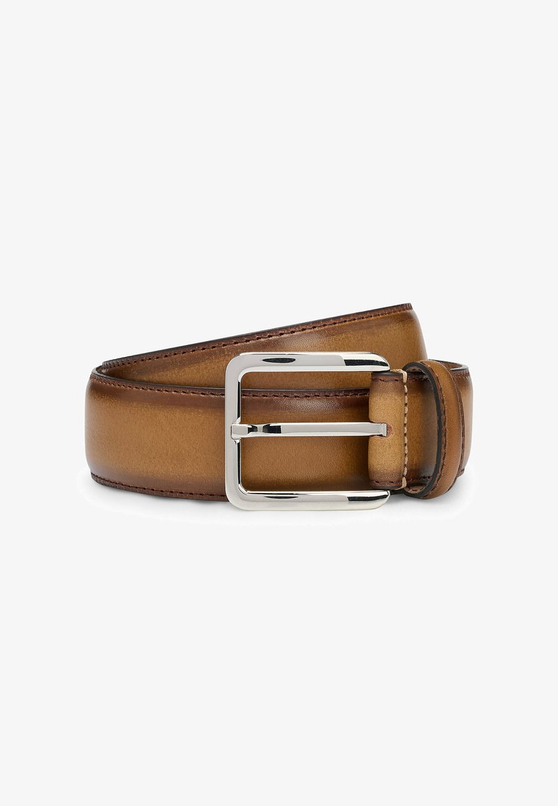 Tan leather belt featuring a rectangular silver metal buckle, smooth texture, and contrasting stitching along the edges.