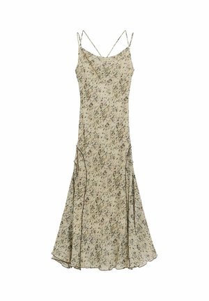 Beige spaghettihemdjurk met bloemmotief en een uitlopende zoom, voorzien van zijnaden en gemaakt van een lichtgewicht, gestructureerde stof.