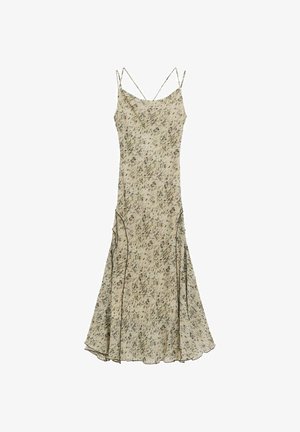 Beige spaghettihemdjurk met bloemmotief en een uitlopende zoom, voorzien van zijnaden en gemaakt van een lichtgewicht, gestructureerde stof.