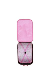 Maleta con cremallera de exterior negro. El interior presenta un forro rosa con patrones florales y circulares, incluyendo correas elásticas para asegurar los objetos.