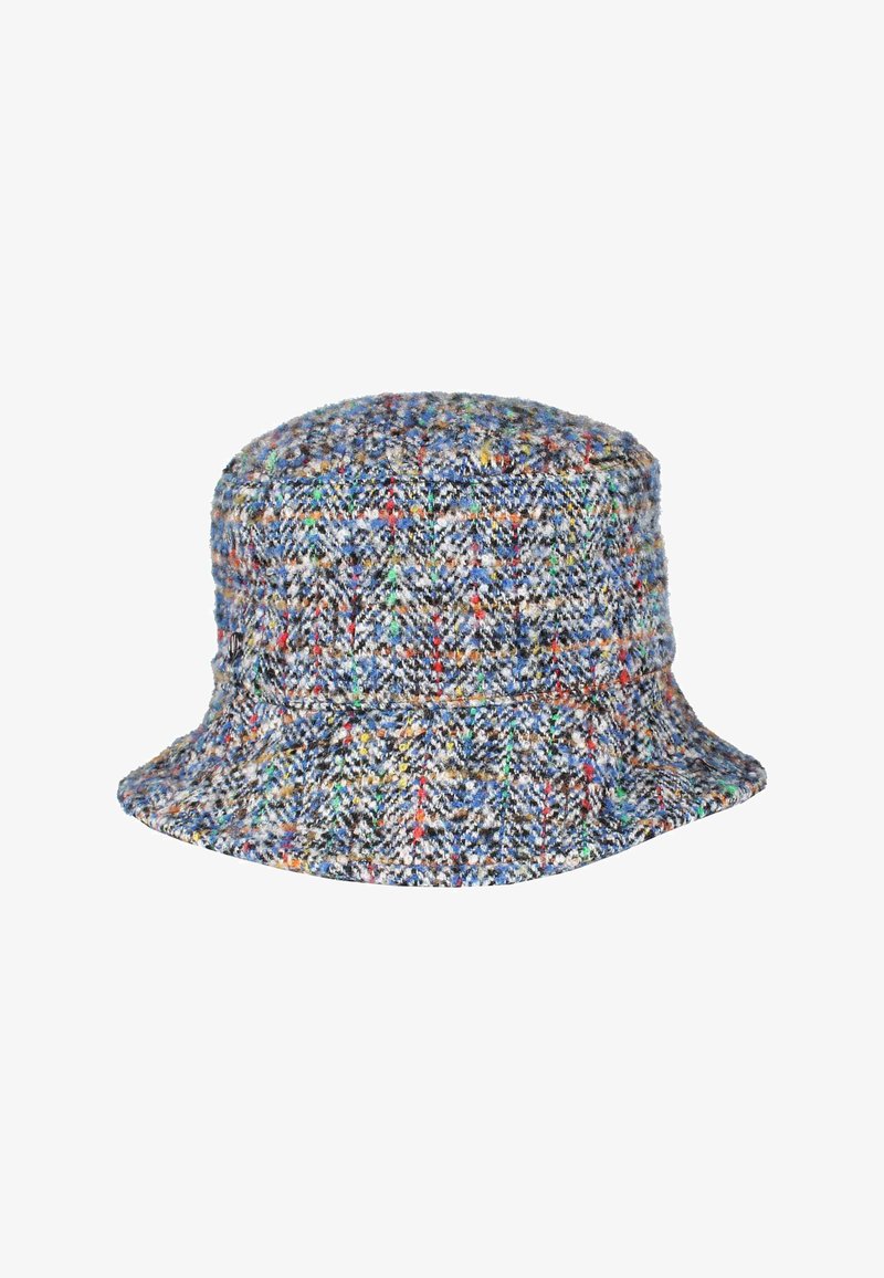 Cappello a secchiello in tweed con motivo a quadri multicolore, caratterizzato da fili blu, rossi, verdi e gialli su un tessuto texture.