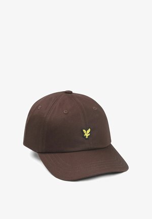 Brown cotton baseball cap featuring a yellow embroidered logo on the front, six-panel design, and a curved brim.
