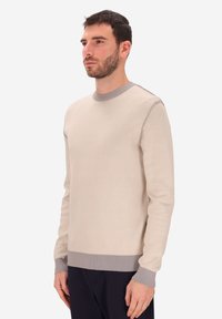 Maglione lavorato a maglia color beige con collo rotondo, polsini e orlo a costine grigio a contrasto. Presenta una texture liscia e dettagli di cucitura sottili.