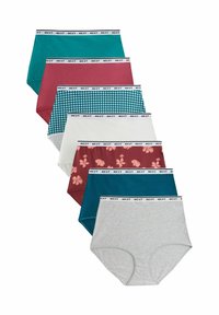 Pack med sju par kvinnor underkläder i bomull i olika färger: teal, mörkröd, grönrutigt, vitt, blommigt mörkrött och grått. Svart märkesresår.