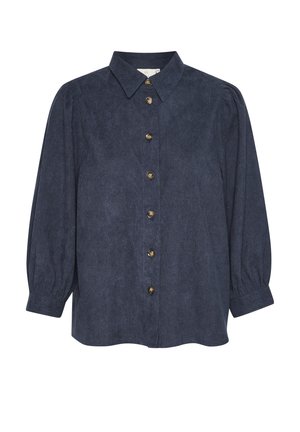 Camisa azul oscuro de botones con cuello y mangas largas abullonadas. Hecha de una tela texturizada, presenta botones dorados en la parte delantera.