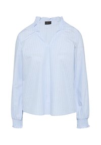 Blouse bleu clair avec des rayures blanches verticales, un décolleté en V, des accents froncés aux épaules et des poignets élastiqués.