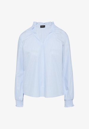 Lichtblauwe blouse met verticale witte strepen, een v-hals, geplooide accenten op de schouders en elastische manchetten.