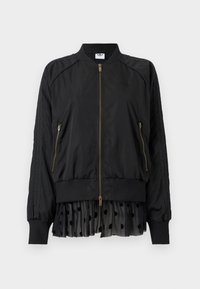 Μαύρο μπουφάν μπόμπερ με φερμουάρ, με ριμπ γιακά, μανσέτες και τελείωμα, που διαθέτει πλαϊνές τσέπες με φερμουάρ και επεκτάσεις από μαύρο ύφασμα με πουά πτυχώσεις.