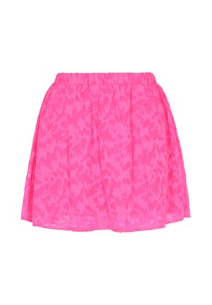 Jaskraworóżowa spódnica do kolan z delikatnym kwiatowym wzorem i elastycznym pasem, wykonana z lekkiego, zwiewnego materiału.