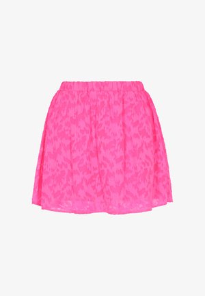 Heldere roze rok tot op de knie met subtiel bloemenpatroon en elastische tailleband, lichtgewicht en luchtige stof.