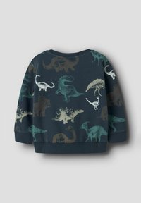 Felpa per bambini di colore blu scuro con illustrazioni multicolori di dinosauri, inclusi motivi di brachiosauro, stegosauro e tricerapto.