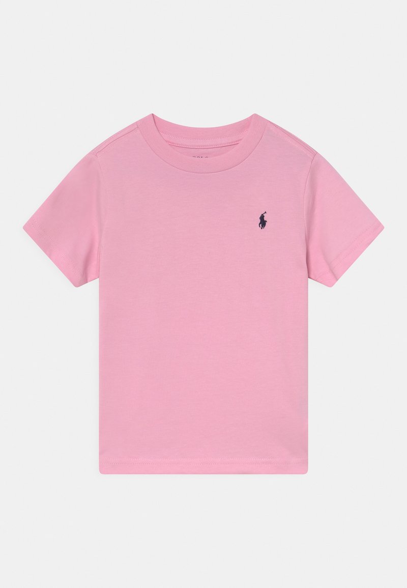 Pink cotton T-shirt with a crew neck, short sleeves, and a small navy logo on the left chest. Smooth texture, straight hem.