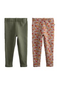 Dve para legginsov: en par enotno olivno zelenih, drugi pa s rožnatim cvetličnim vzorcem na kremni podlagi. Obe imata elastiko v pasu.