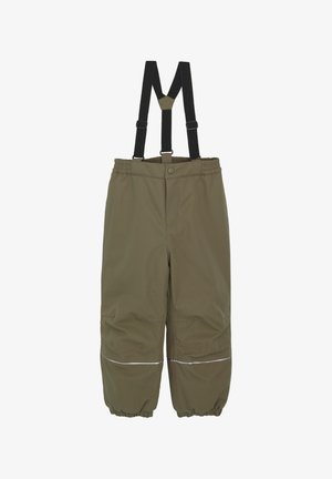 Olive green waterproof pants with adjustable black suspenders, elastic waistband, and reflective stripes at the cuffs. Soft, textured fabric.