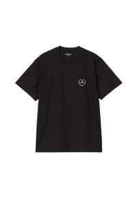 Camiseta de algodón negra con mangas cortas, cuello redondo y un pequeño gráfico en forma de corazón en el lado izquierdo del pecho. Ajuste clásico.