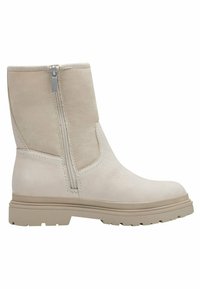 Bottine beige avec une tige en cuir lisse, fermeture éclair sur le côté et semelle en caoutchouc. Dispose d'un petit talon et d'un design à bout rond.