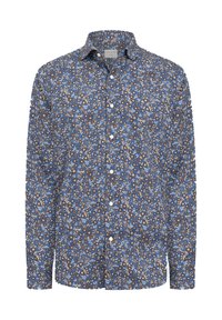 Napapaita sinisellä kukkakuviolla, jossa on ruskeita ja kermaisia kukkia. Puuvillamateriaali, klassinen kaulus ja pitkät hihat.