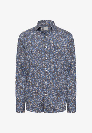 Camisa de botones en azul con un patrón floral que presenta flores en tonos marrón y crema. Material de algodón con cuello clásico y mangas largas.