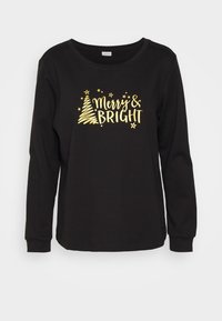 Chemise noire à manches longues avec col rond, portant un texte doré "Joyeux & Éclatant" et un motif d'arbre, réalisée dans un tissu en coton lisse.