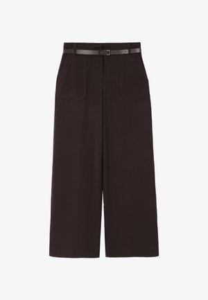 Braune, weit geschnittene Hosen mit geradem Schnitt, die über zwei Fronttaschen, einen passenden Gürtel und eine glatte Textur verfügen. Geeignet für verschiedene Anlässe.