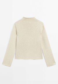 Pull beige en tricot à manches longues avec un col montant, présenté à plat sur un fond blanc montrant le dos.