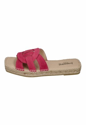 Pink suede slide sandals with braided jute detailing, featuring a cross-strap design on a flat sole and a smooth beige interior.